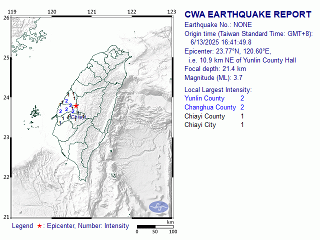 6/13 16:41 M<sub>L</sub> 3.7 23.77N 120.60E, i.e. 10.9 km NE of Yunlin County