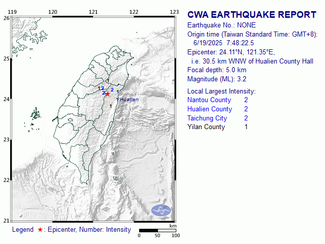 6/19 7:48 M<sub>L</sub> 3.2 24.11N 121.35E, i.e. 30.5 km WNW of Hualien County
