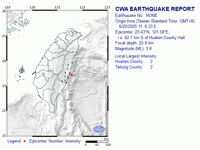 6/22 11:6 M<sub>L</sub> 3.8 23.43N 121.58E, i.e. 62.7 km S of Hualien County