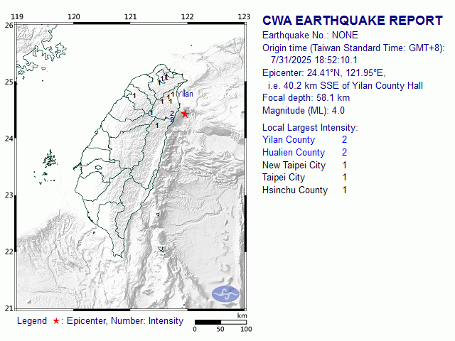 7/31 18:52 M<sub>L</sub> 4 24.41N 121.95E, i.e. 40.2 km SSE of Yilan County