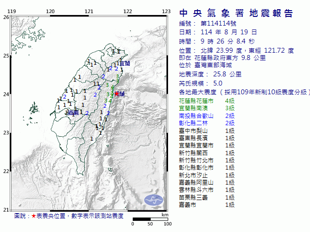 8月19日9時26分 規模 5 花蓮縣政府東方  9.8  公里 (位於臺灣東部海域)