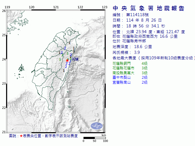8月26日18時56分 規模 3.9 花蓮縣政府西南西方  16.6  公里 (位於花蓮縣秀林鄉)