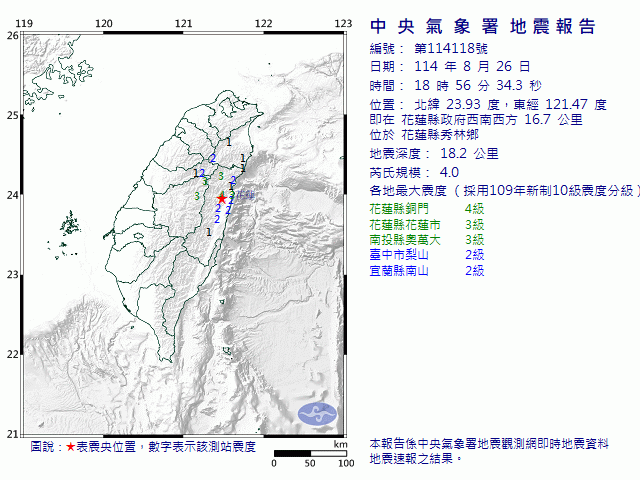 8月26日18時56分 規模 4 花蓮縣政府西南西方  16.7  公里 (位於花蓮縣秀林鄉)