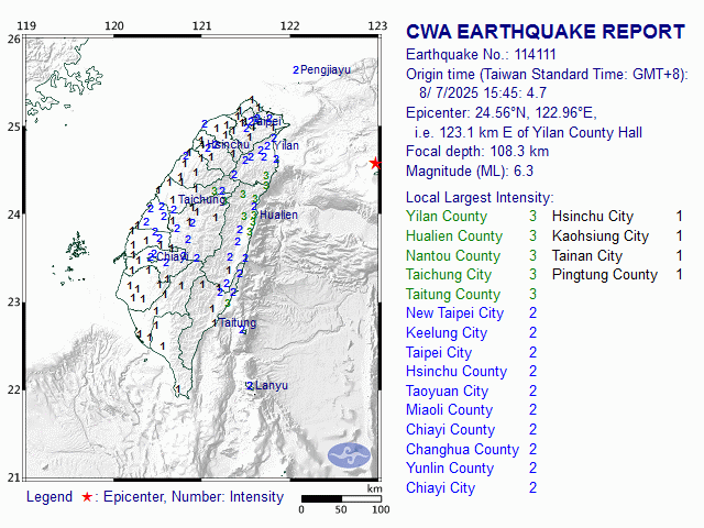 8/7 15:45 M<sub>L</sub> 6.3 24.56N 122.96E, i.e. 123.1 km E of Yilan County
