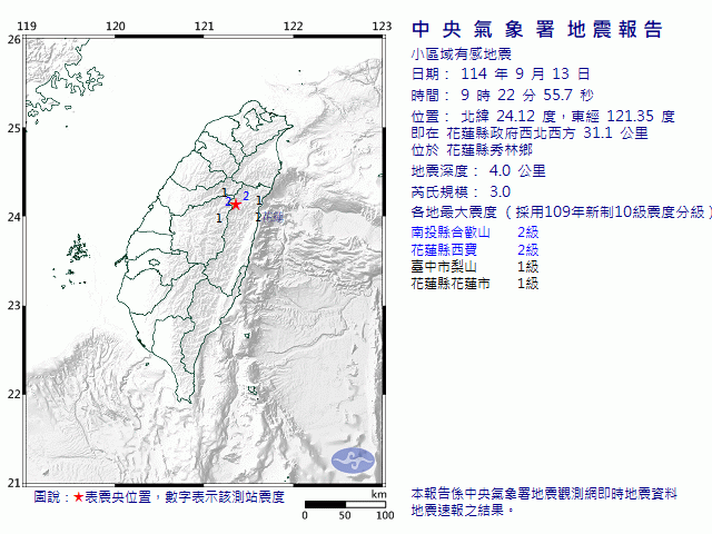 9月13日9時22分 規模 3 花蓮縣政府西北西方  31.1  公里 (位於花蓮縣秀林鄉)