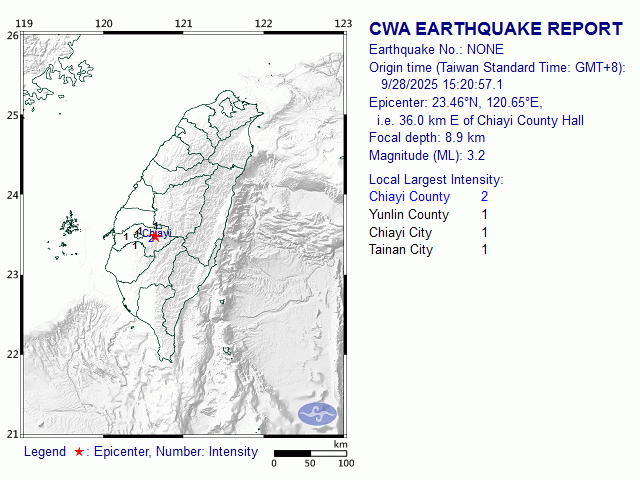 9/28 15:20 M<sub>L</sub> 3.2 23.46N 120.65E, i.e. 36.0 km E of Chiayi County