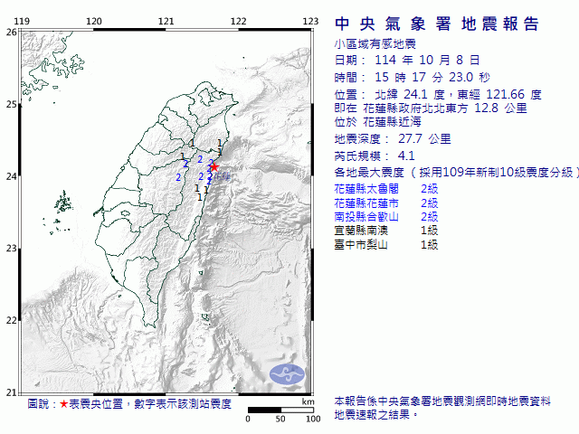 10月8日15時17分 規模 4.1 花蓮縣政府北北東方  12.8  公里 (位於花蓮縣近海)