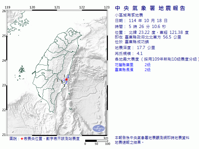 10月18日5時26分 規模 4.1 臺東縣政府北北東方  56.5  公里 (位於臺東縣成功鎮)