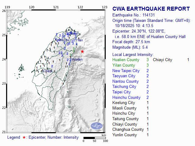 10/18 10:4 M<sub>L</sub> 5.4 24.30N 122.08E, i.e. 58.0 km ENE of Hualien County