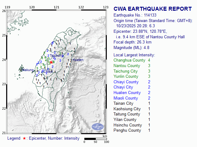 10/23 20:28 M<sub>L</sub> 4.8 23.88N 120.78E, i.e. 9.4 km ESE of Nantou County