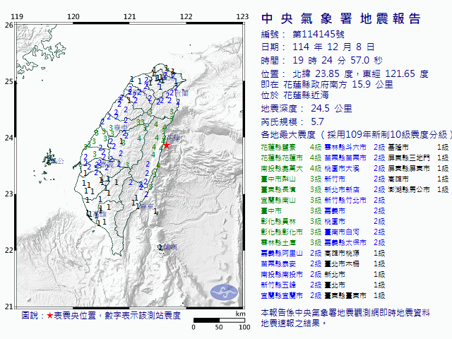12月8日19時24分 規模 5.7 花蓮縣政府南方  15.9  公里 (位於花蓮縣近海)