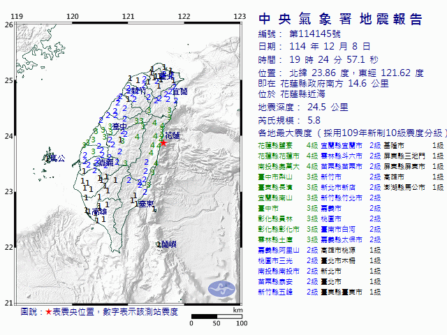12月8日19時24分 規模 5.8 花蓮縣政府南方  14.6  公里 (位於花蓮縣近海)