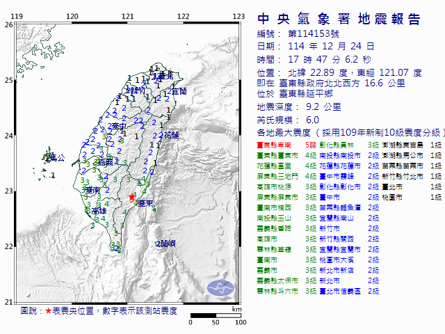 12月24日17時47分 規模 6 臺東縣政府北北西方  16.6  公里 (位於臺東縣延平鄉)