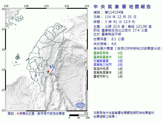 12月25日3時41分 規模 4.6 臺東縣政府北北西方  17.4  公里 (位於臺東縣延平鄉)