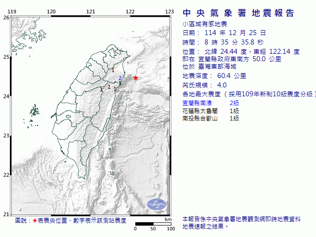 12月25日8時35分 規模 4 宜蘭縣政府東南方  50.0  公里 (位於臺灣東部海域)