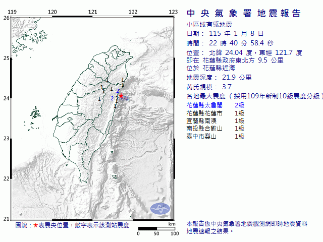1月8日22時40分 規模 3.7 花蓮縣政府東北方  9.5  公里 (位於花蓮縣近海)