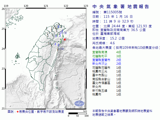 1月16日11時9分 規模 4.6 宜蘭縣政府南南東方  36.5  公里 (位於臺灣東部海域)
