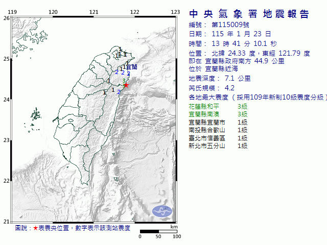 1月23日13時41分 規模 4.2 宜蘭縣政府南方  44.9  公里 (位於宜蘭縣近海)