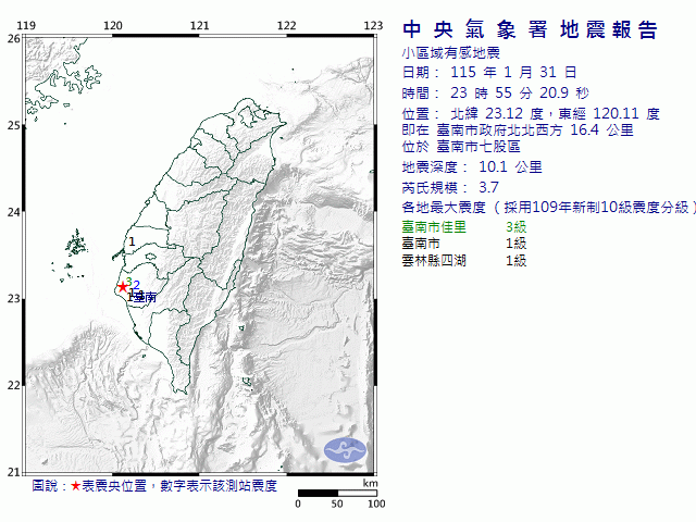 1月31日23時55分 規模 3.7 臺南市政府北北西方  16.4  公里 (位於臺南市七股區)
