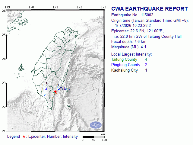 1/7 10:23 M<sub>L</sub> 4.1 22.61N 121.00E, i.e. 22.0 km SW of Taitung County