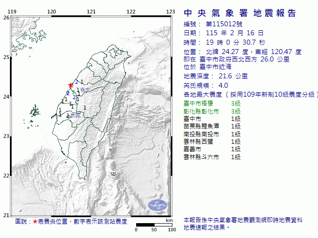 2月16日19時0分 規模 4 臺中市政府西北西方  26.0  公里 (位於臺中市近海)