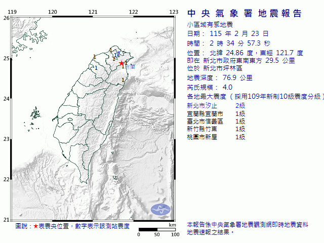 2月23日2時34分 規模 4 新北市政府東南東方  29.5  公里 (位於新北市坪林區)