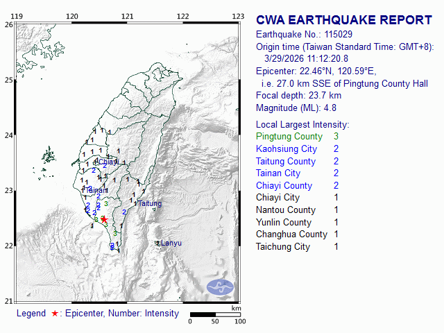 3/29 11:12 M<sub>L</sub> 4.8 22.46N 120.59E, i.e. 27.0 km SSE of Pingtung County