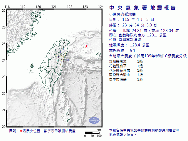 4月5日23時34分 規模 5.1 宜蘭縣政府東方  129.1  公里 (位於臺灣東部海域)