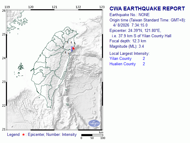 4/8 7:34 M<sub>L</sub> 3.4 24.39N 121.80E, i.e. 37.9 km S of Yilan County