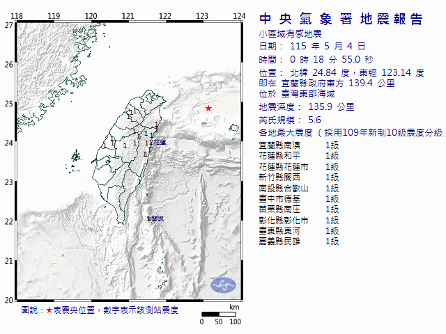5月4日0時18分 規模 5.6 宜蘭縣政府東方  139.4  公里 (位於臺灣東部海域)