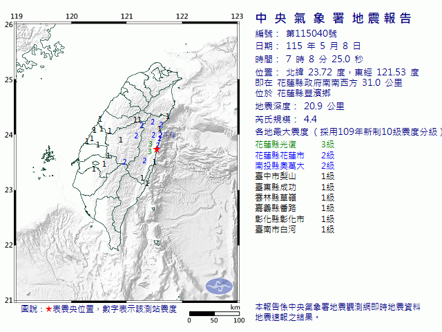 5月8日7時8分 規模 4.4 花蓮縣政府南南西方  31.0  公里 (位於花蓮縣豐濱鄉)