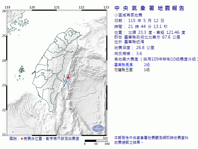 5月12日21時44分 規模 3.6 臺東縣政府北北東方  67.6  公里 (位於臺東縣近海)