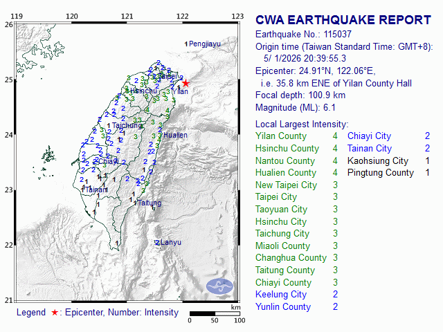 5/1 20:39 M<sub>L</sub> 6.1 24.91N 122.06E, i.e. 35.8 km ENE of Yilan County