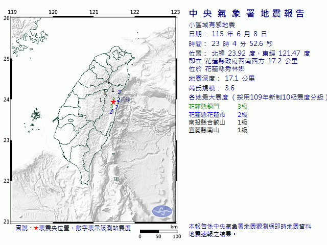 6月8日23時4分 規模 3.6 花蓮縣政府西南西方  17.2  公里 (位於花蓮縣秀林鄉)