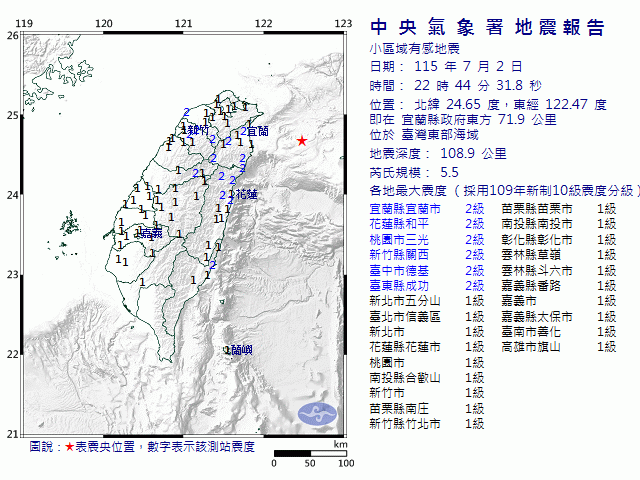 7月2日22時44分 規模 5.5 宜蘭縣政府東方  71.9  公里 (位於臺灣東部海域)
