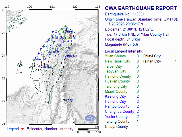 7/26 20:36 M<sub>L</sub> 5.6 24.88N 121.82E, i.e. 17.0 km NNE of Yilan County