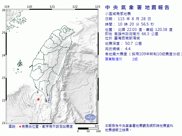 8月28日10時20分 規模 4.4 高雄市政府南方  66.3  公里 (位於臺灣西南部海域)