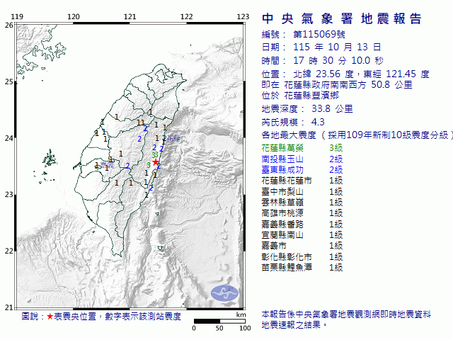 10月13日17時30分 規模 4.3 花蓮縣政府南南西方  50.8  公里 (位於花蓮縣豐濱鄉)
