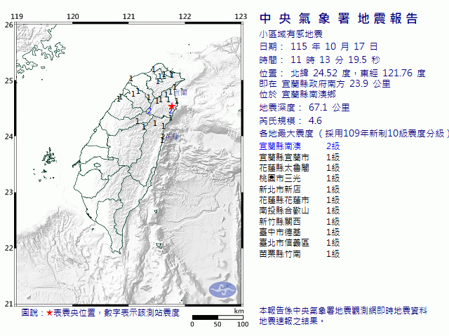 10月17日11時13分 規模 4.6 宜蘭縣政府南方  23.9  公里 (位於宜蘭縣南澳鄉)