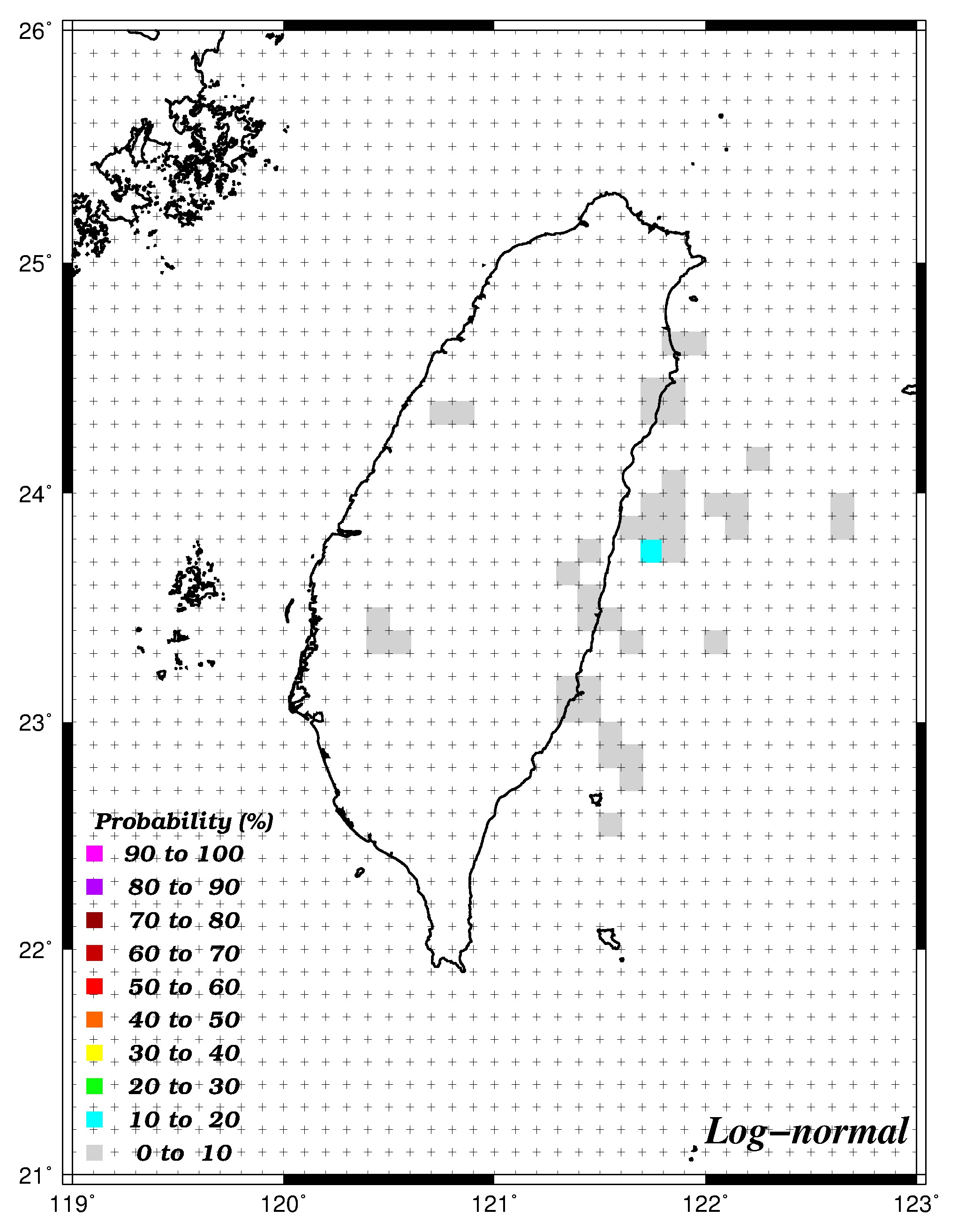 30年內發生規模6.7之機率分布圖