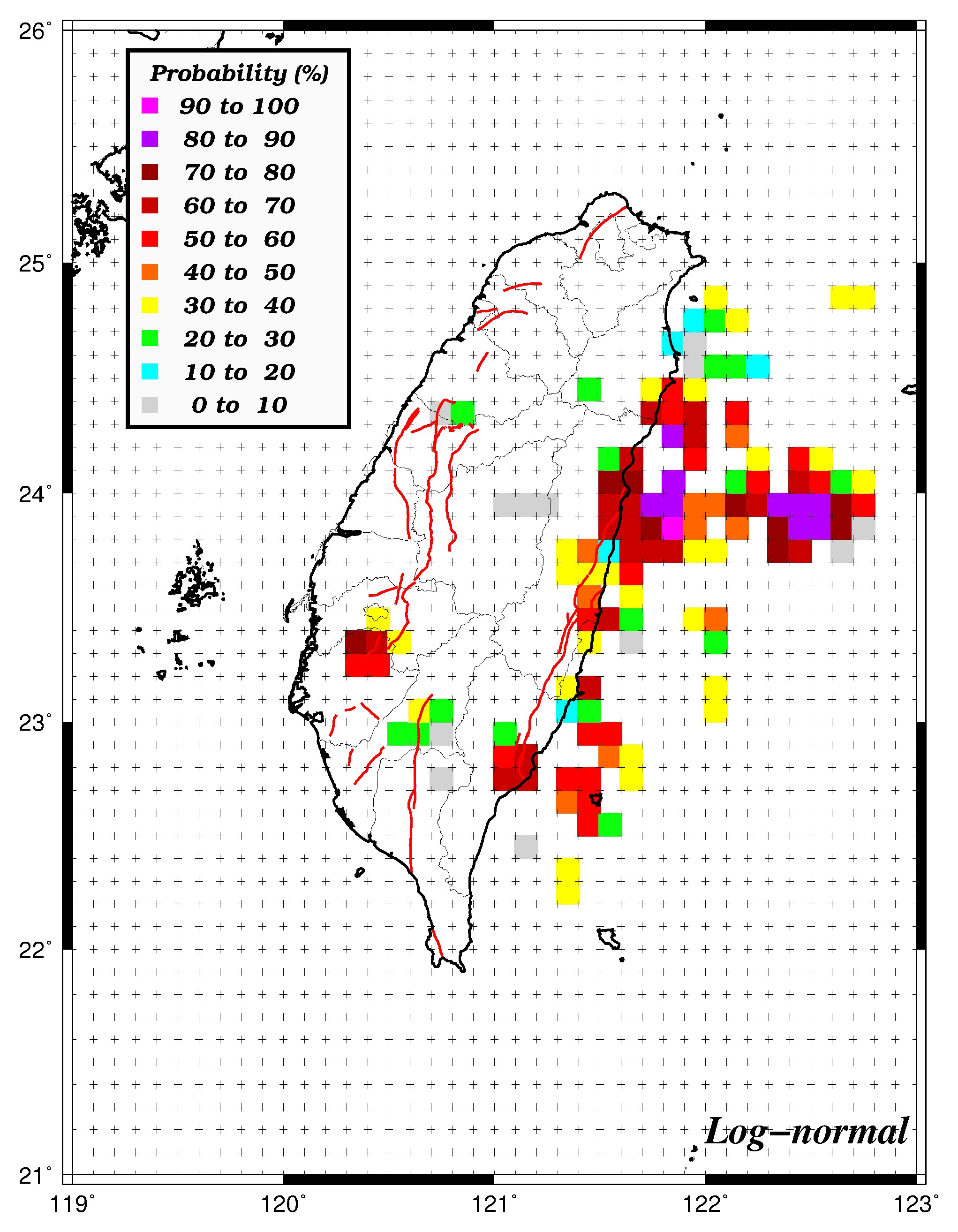 50年內發生規模6.0之機率分布圖