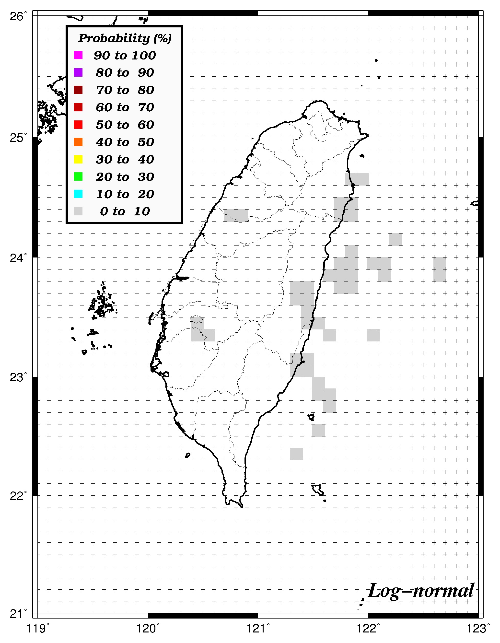 10年內發生規模6.7之機率分布圖