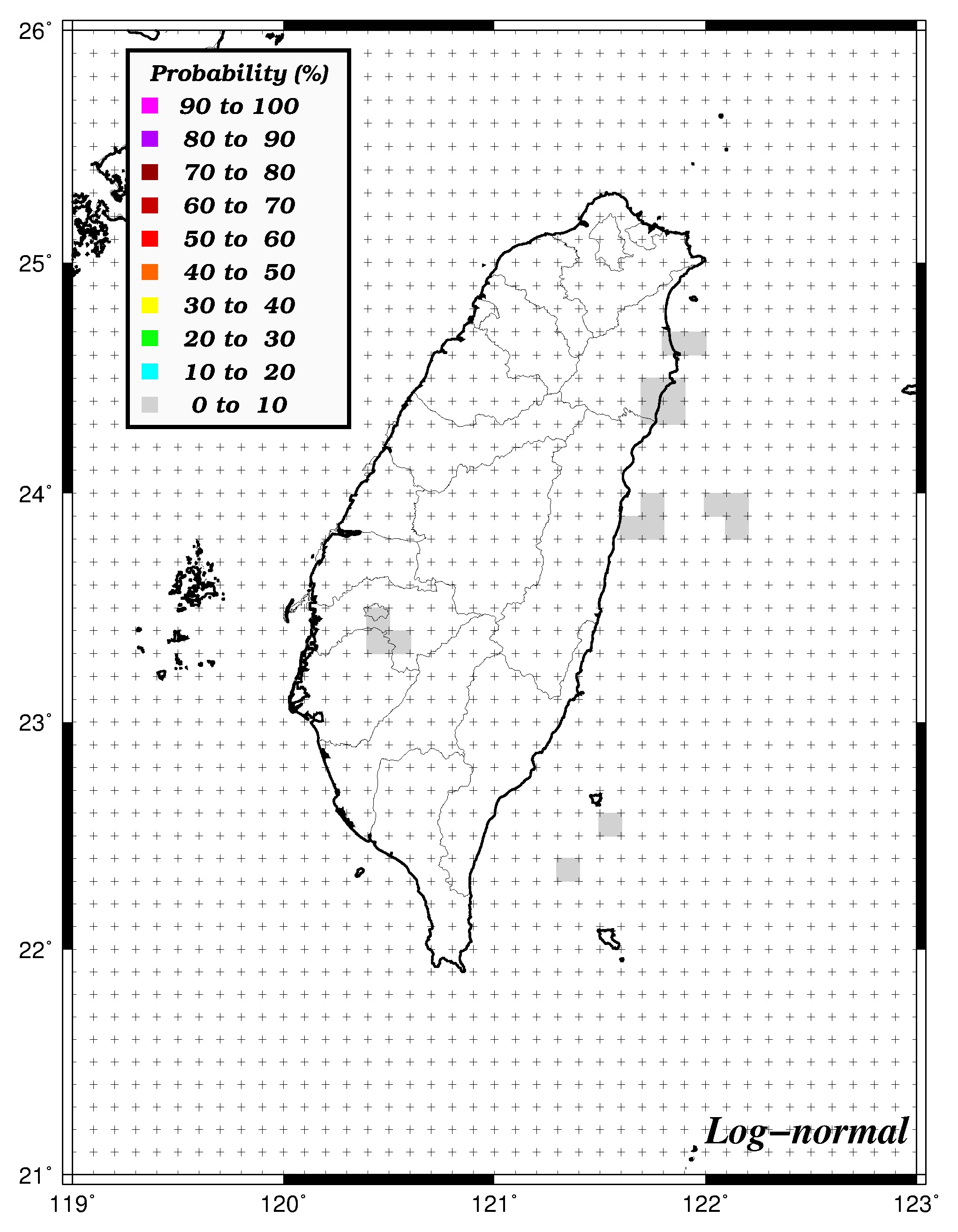 10年內發生規模7.0之機率分布圖