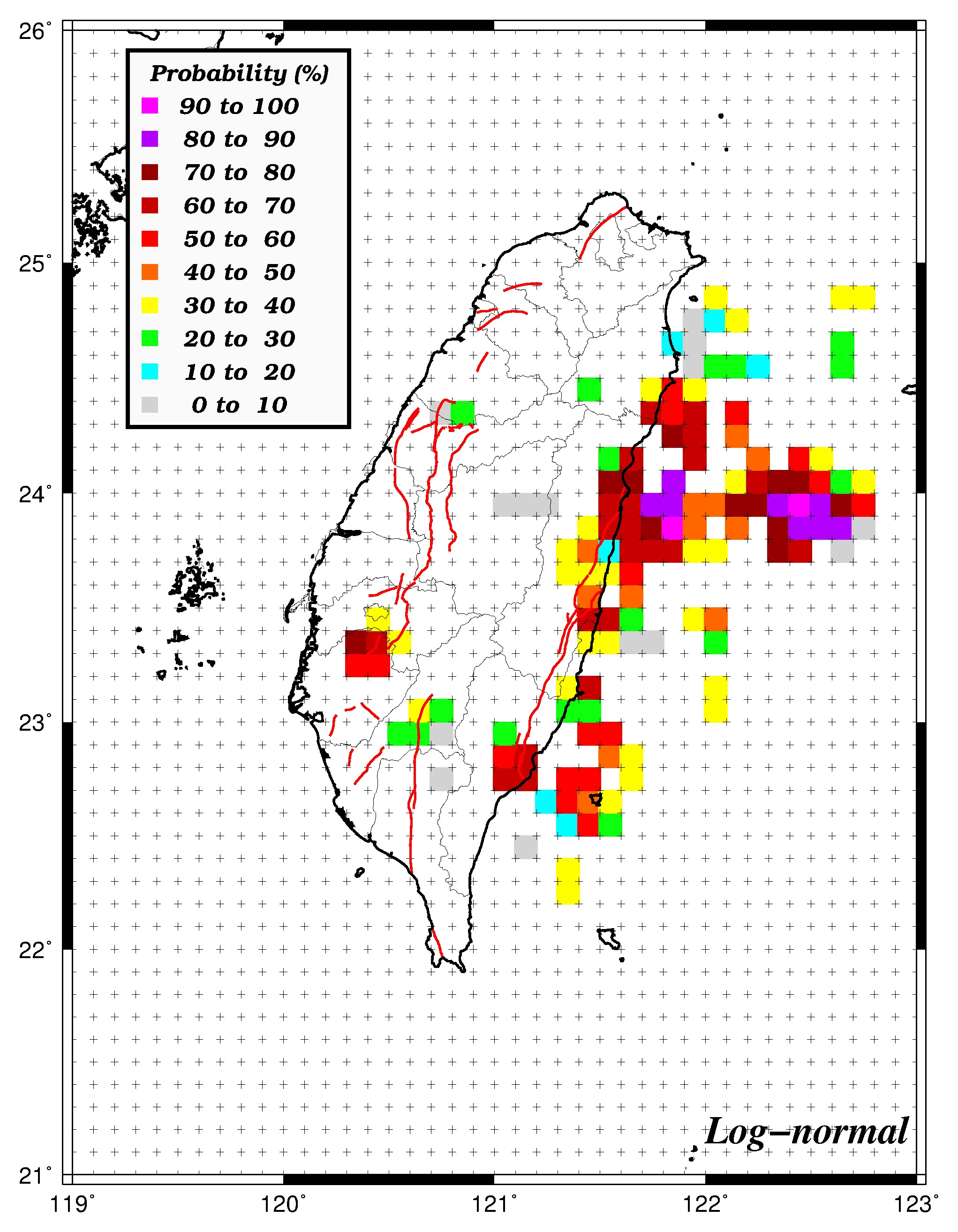50年內發生規模6.0之機率分布圖