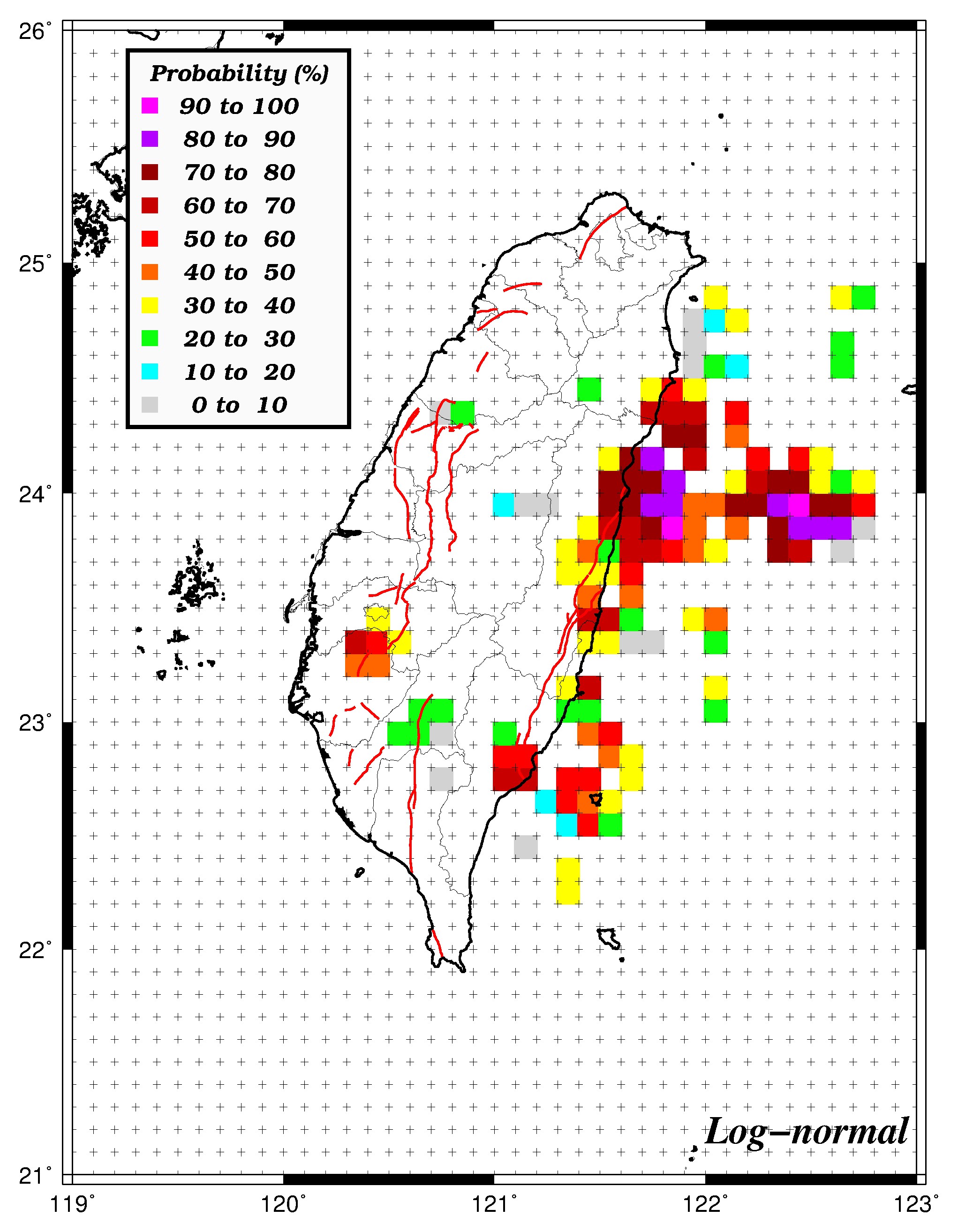 50年內發生規模6.0之機率分布圖