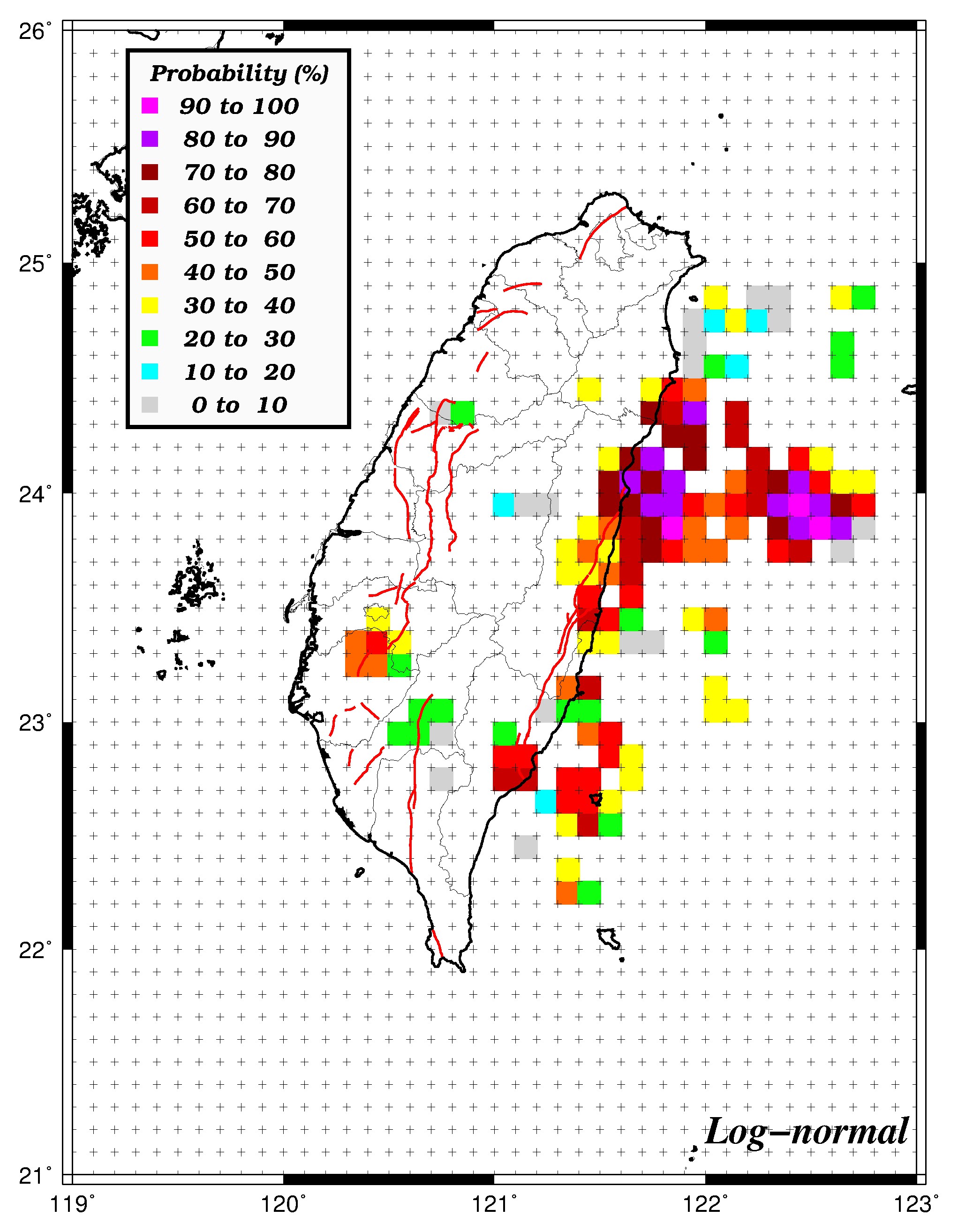 50年內發生規模6.0之機率分布圖
