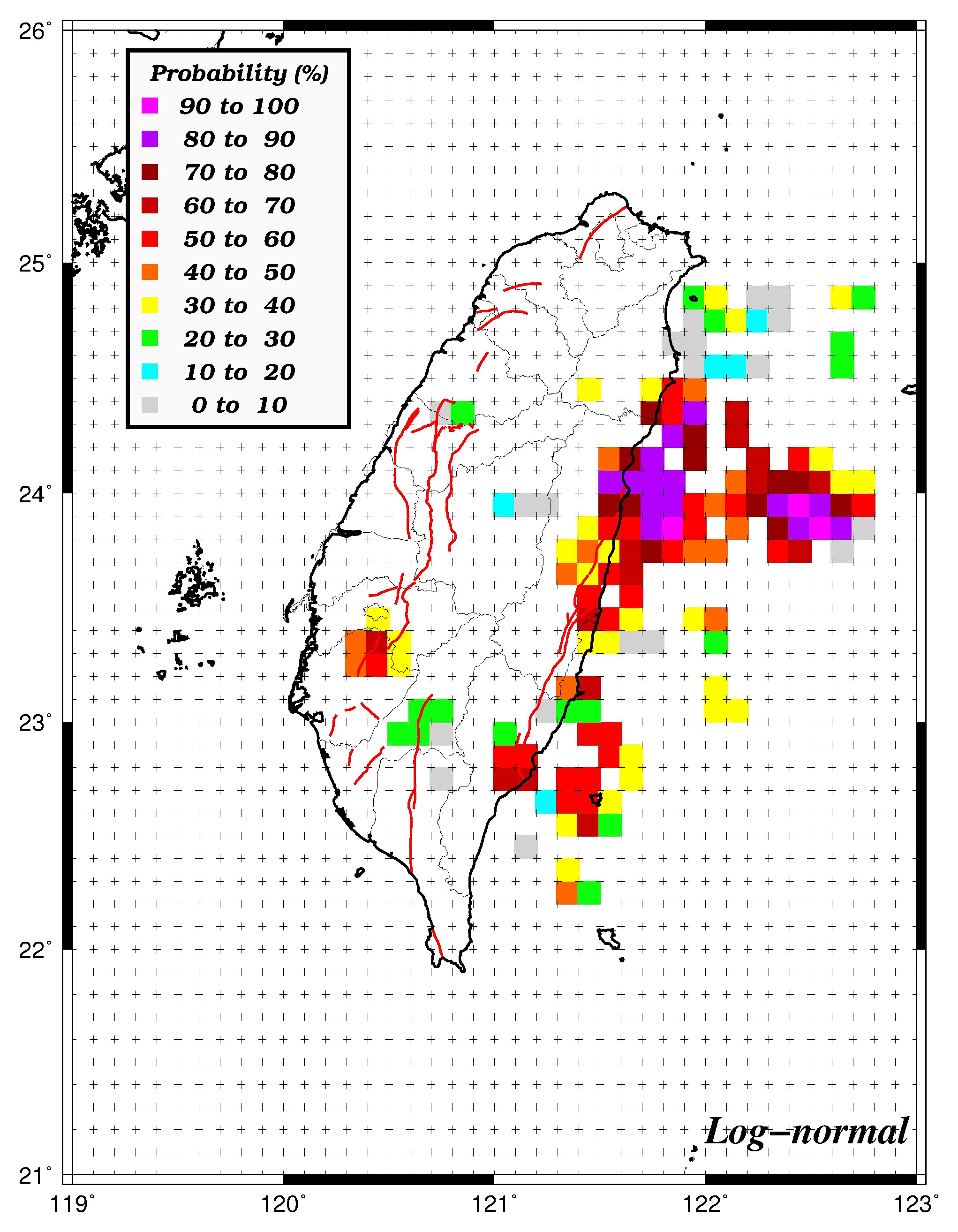 50年內發生規模6.0之機率分布圖