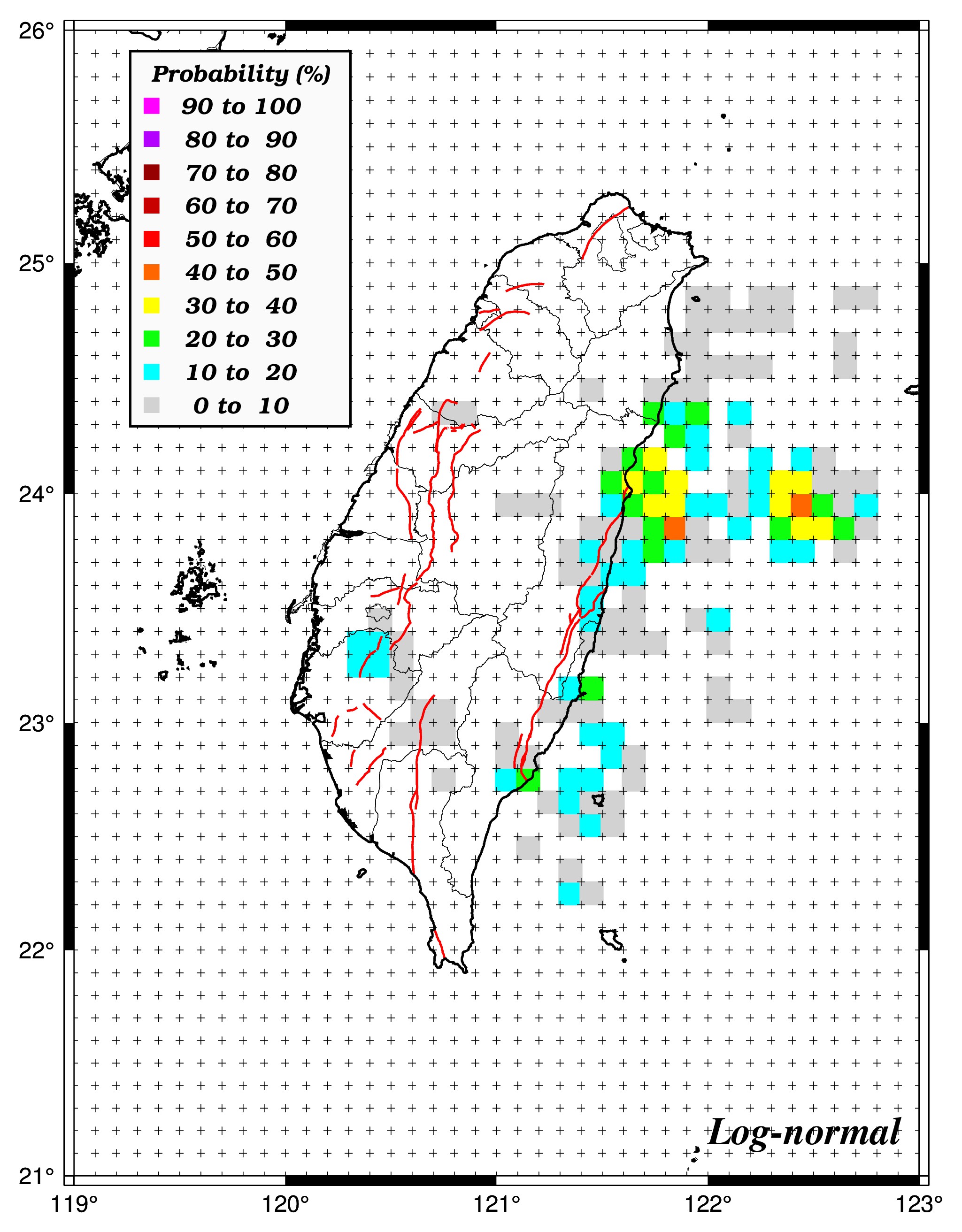 10年內發生規模6.0之機率分布圖