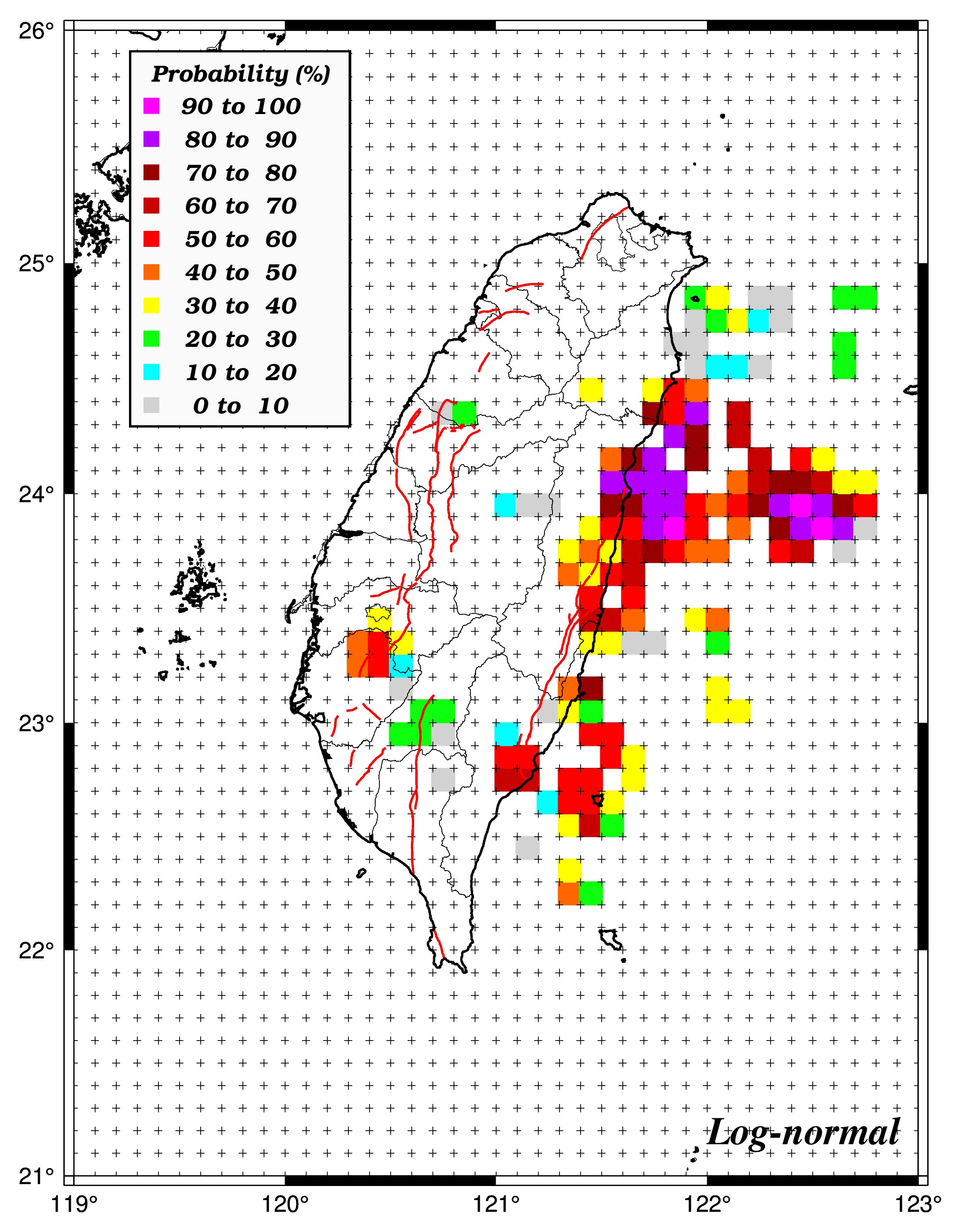 50年內發生規模6.0之機率分布圖