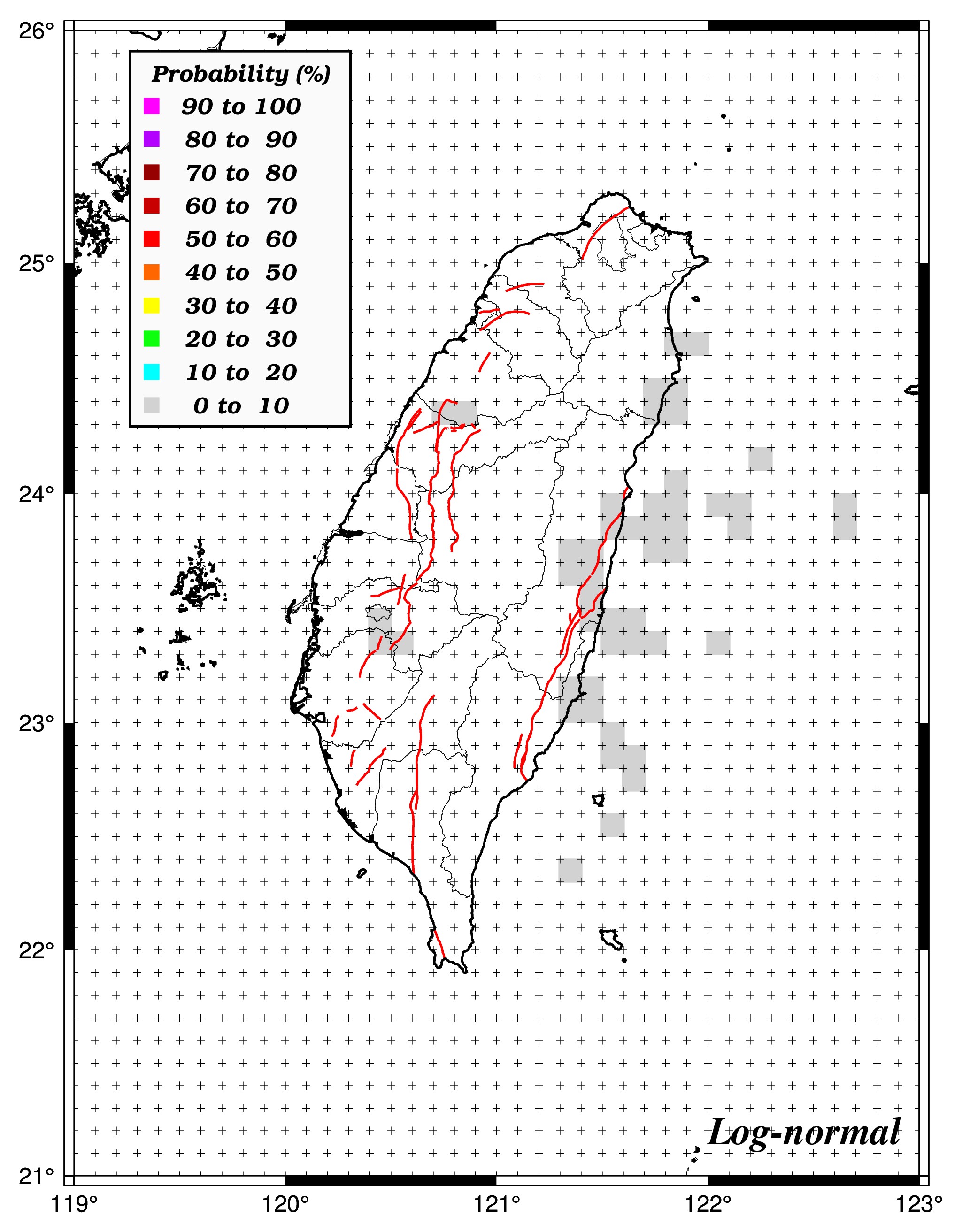 10年內發生規模6.7之機率分布圖